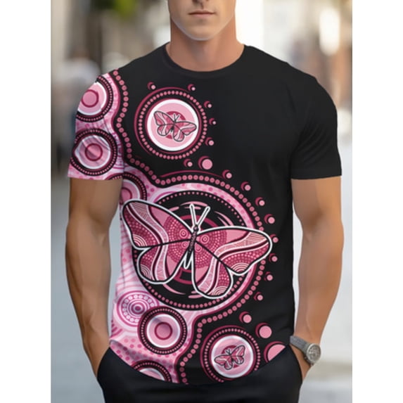 Men's Fun Butterfly Pattern T-Shirt, Cartoon Butterfly Printed Short Sleeve Crew Neck, Cute and Humorous 3D Digital Printed T-Shirt