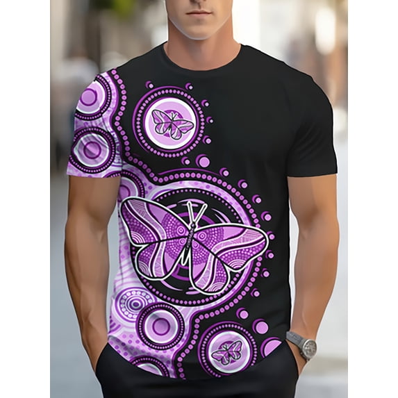 Men's Fun Butterfly Pattern T-Shirt, Cartoon Butterfly Printed Short Sleeve Crew Neck, Cute and Humorous 3D Digital Printed T-Shirt