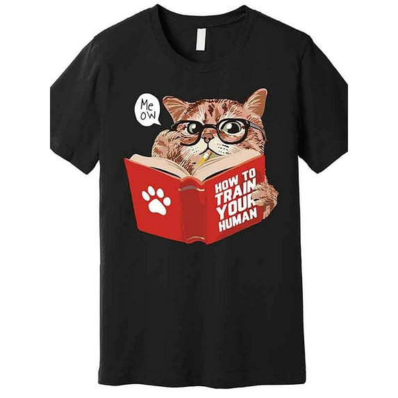 Men's Fun Cat Graphic T-Shirt - "How to Train Your Shovel Poop Official" - Premium Black Cotton Tee with Quirky Cat Reading Book Design, Casual Fit, Machine Washable, Summer Short Sleeve Round Neck