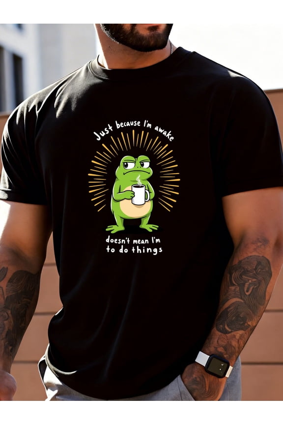 Men's Fun Frog Coffee T-Shirt with "Just Because I'm Waking Doesn't Mean I Have to Do Things" -- Warehouse Style Street Shirt, Suitable for Summer, Washable Humor Products