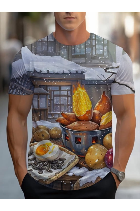 Men's Fun Kitchen Pattern T-Shirt - Light and Soft Polyester Shirt with Full Body Cooking Design - Everyday Casual Wear,