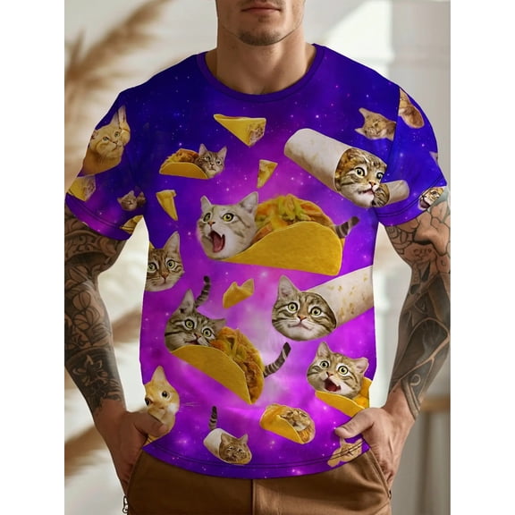 Men's Fun Mexican Food & Cat Pattern T-Shirt - 3D Digital Print Short Sleeve Crew Neck Casual Summer T-Shirt with Tacos and Tortillas