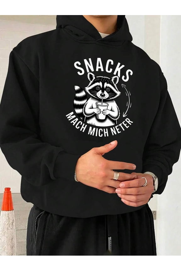 Men's Fun 'Snacks Make Me Feel Better' Hoodie - Gray Loose Fit Raccoon Pattern Pullover Sweatshirt - Plus Size Comfortable Everyday Wear (Machine Washable) - Model JPH-9, Durable And Comfortable For