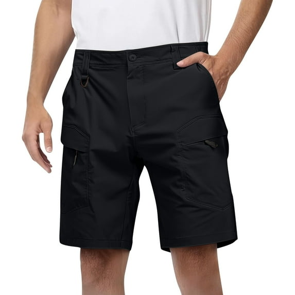 Men's Functional Tactical Shorts, Outdoor Multi-Pocket Work Shorts with Drawstring Waist & Durable Polyester ,Black S