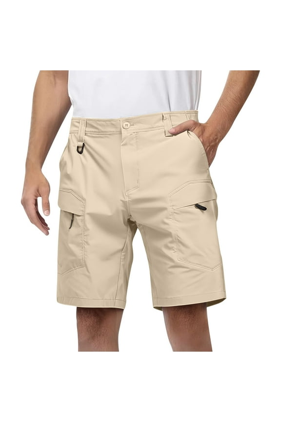 Men's Functional Tactical Shorts, Outdoor Multi-Pocket Work Shorts with Drawstring Waist & Durable Polyester ,Khaki L