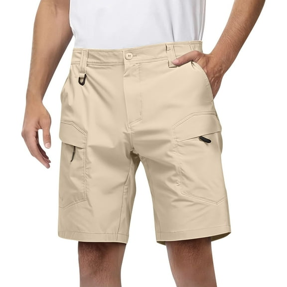 Men's Functional Tactical Shorts, Outdoor Multi-Pocket Work Shorts with Drawstring Waist & Durable Polyester ,Khaki S