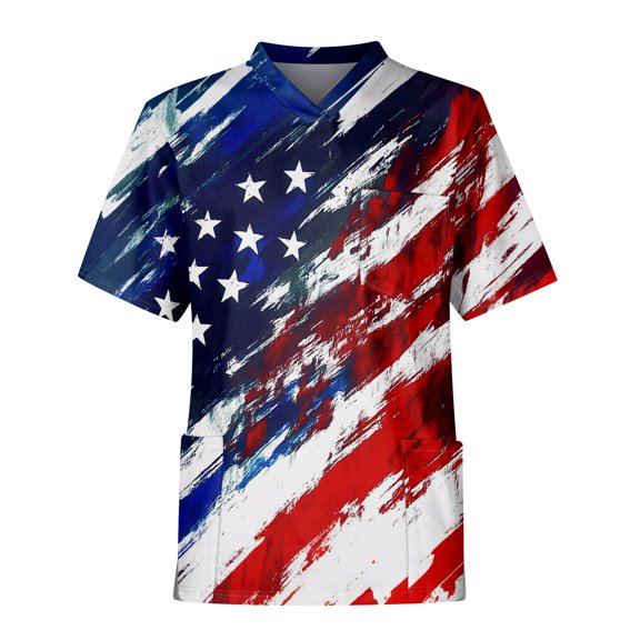 Men's Functional Workwear T-Shirt, V-Neck Design with Chest Pocket & Patriotic Theme for Practical Use ,Dark Blue S