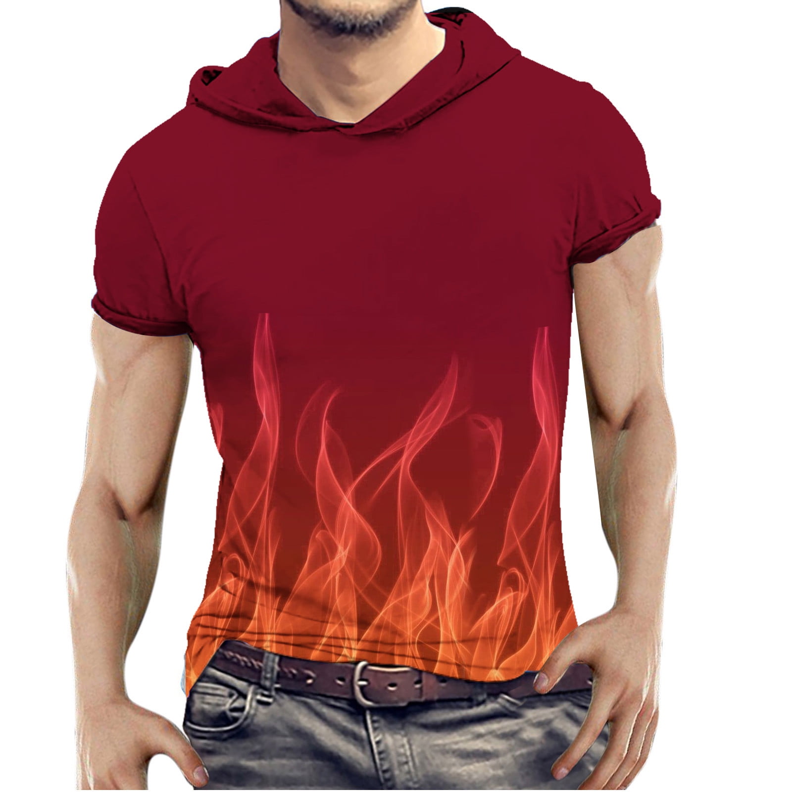 Men's Funky Graphic Short Sleeve Hoodie Fashion Flame Printed