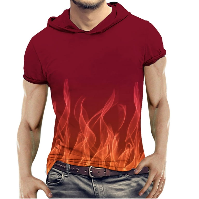 Men's Funky Graphic Short Sleeve Hoodie Fashion Flame Printed Hooded  Streetwear Short Sleeve Sweatshirts T-Shirts