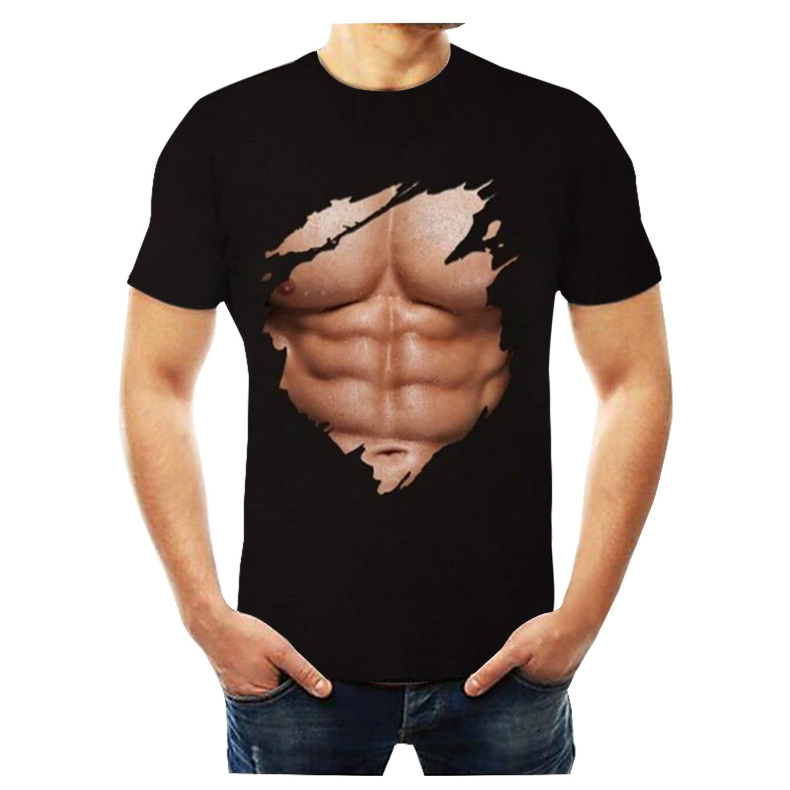 Penkiiy 3D Muscular Man Print Fashion Fitness Round Neck Short Sleeve  T-Shirt T-shirts S Khaki On Clearance