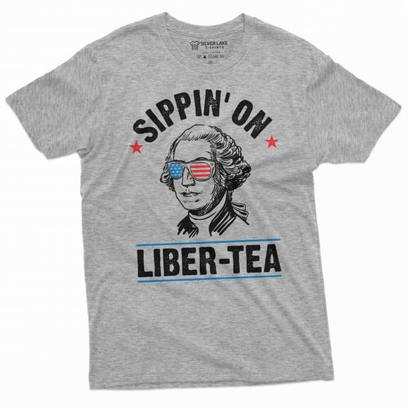 Men's Funny 4th of July Sipping on Liber-tea sarcastic T-shirt George Washington Liberty Tea Shirt (Medium Grey)