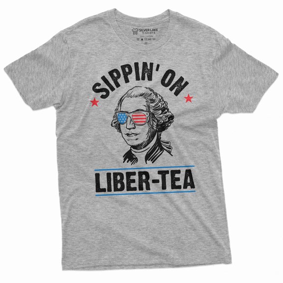 Men's Funny 4th of July Sipping on Liber-tea sarcastic T-shirt George Washington Liberty Tea Shirt (Medium Grey)