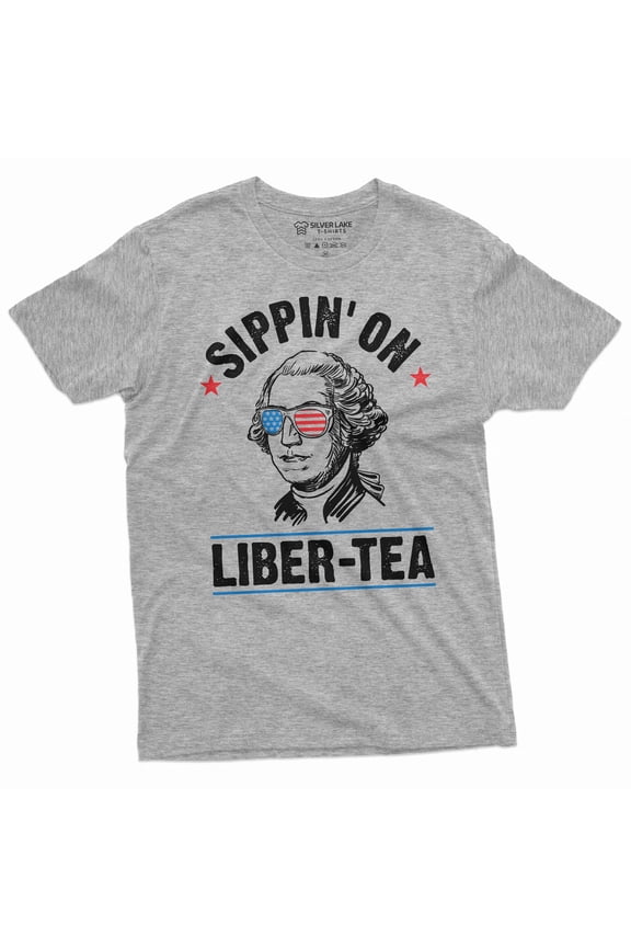 Men's Funny 4th of July Sipping on Liber-tea sarcastic T-shirt George Washington Liberty Tea Shirt (Small Grey)