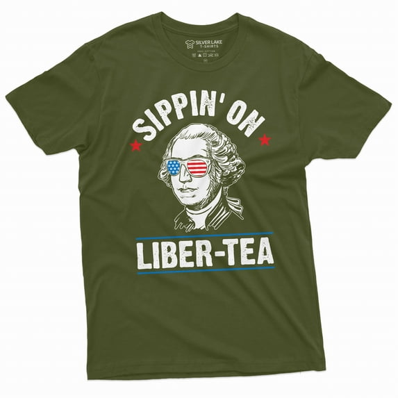 Men's Funny 4th of July Sipping on Liber-tea sarcastic T-shirt George Washington Liberty Tea Shirt (XX-Large Military Green)