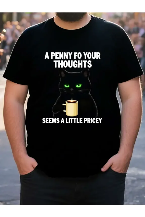 Men's Funny "A Penny for Your Thoughts" Sarcastic Cat Graphic T-Shirt - 100% Cotton Oversized Crew Neck Tee, Plus Size Big & Tall Shirt - Soft Everyday Casual Wear for Cat