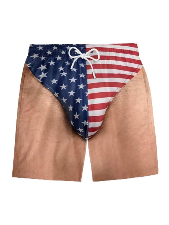 Men's Funny American Flag Swim Trunks with Fake Hairy Legs Print, Patriotic USA Beach Shorts