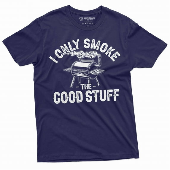 Men's Funny BBQ grilling grill T-shirt smoke good stuff double meaning dad uncle grandpa gift tee (Small Navy Blue)