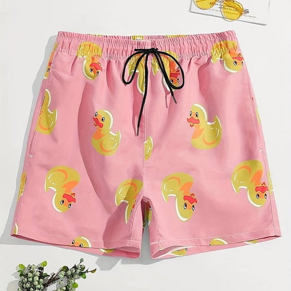 Men's Funny Baby Duck Pattern Swim Trunks, Quick Dry Swimming Bathing Shorts with Mesh Liner
