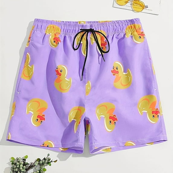 Men's Funny Baby Duck Pattern Swim Trunks, Quick Dry Swimming Bathing Shorts with Mesh Liner