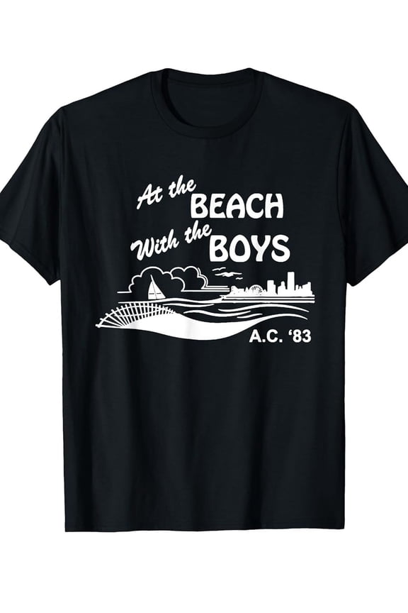 Men's Funny Beach Crew Neck T-Shirt - Black with White Vintage Coastal Graphic ("At the Beach with the Boys"), Soft Breathable Tee for Summer, Travel, Everyday Casual Outfits - Machine Washable
