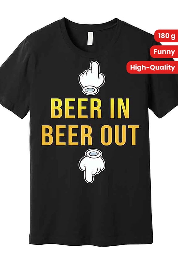 Men's Funny Beer-Themed T-Shirt - "Beer In, Beer Out" Design with Beer Mug Graphic - Loose Fit Short Sleeve Casual Shirt for Parties, Pubs & Casual Attire - Machine Washable Cotton Tee