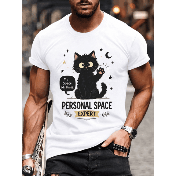 Men's Funny Black Cat Graphic T-Shirt – "Personal Space Expert" Introvert Humor Tee, Cute Cat Lover Casual Short Sleeve Crew Neck Shirt, White