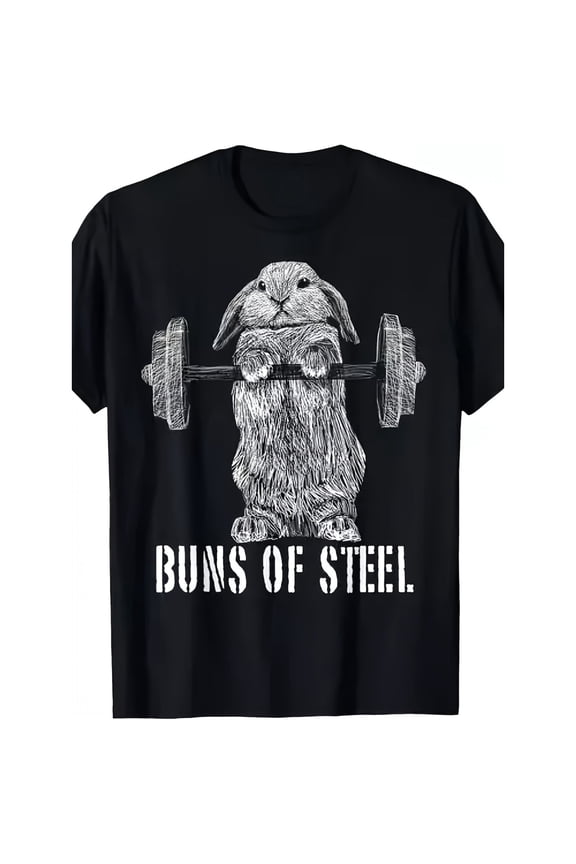 Men's Funny Buns of Steel Bunny Rabbit Weightlifting Graphic T-Shirt, Comfortable Breathable Soft Tee, Men's 100% Cotton T-Shirt 180gsm