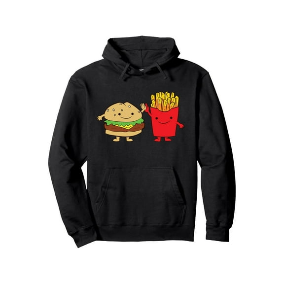 Men's Funny Burger & Fries Graphic Hooded Sweatshirt - Black Fast Food Lovers Pullover Hoodie, Stretchy Casual Streetwear with Burger & Fries Print, All-Season Fit for Casual Attire