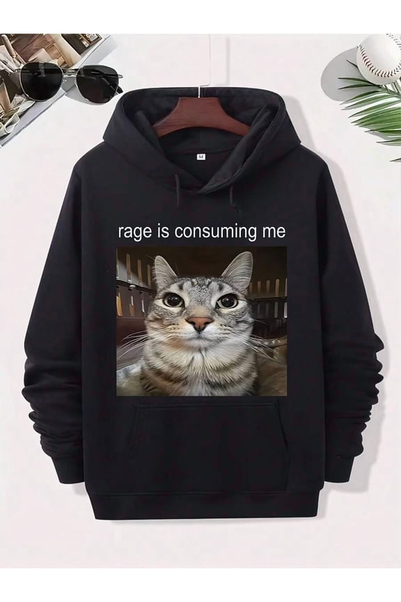 Men's Funny Cat Pattern Hoodie - Comfortable Cotton Blend Pullover With Kangaroo Pocket, "Anger Is Devouring Me" Humorous Design, Autumn Winter Casual Wear, Machine Washable, Great Gift For Cat Lover