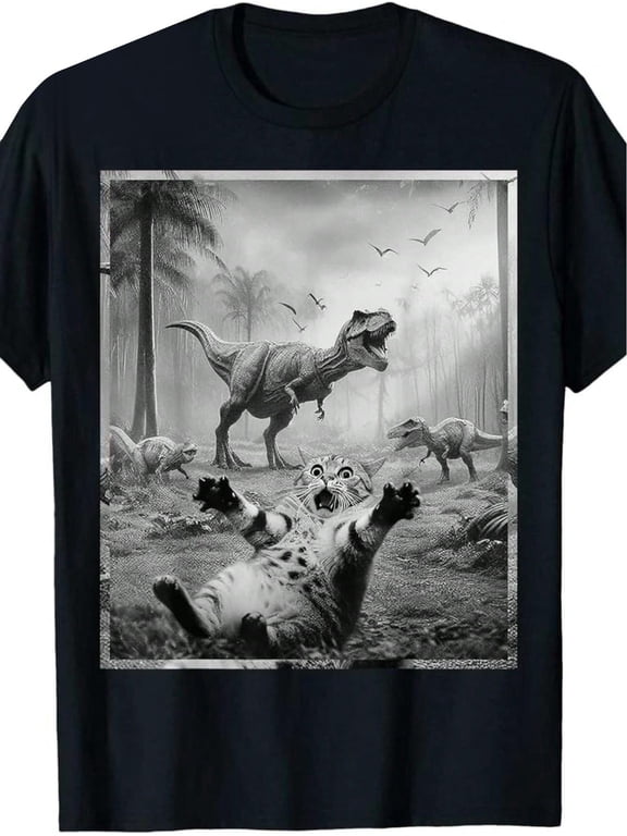 Men's Funny Cat & T-Rex Dinosaur Graphic Tee - Soft Cotton, Short Sleeve,Black Retro Style Casual Shirt For All Seasons, Everyday Clothing