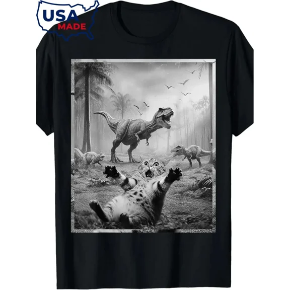 Men's Funny Cat & T-Rex Dinosaur Graphic Tee - Soft Cotton, Short Sleeve, Round