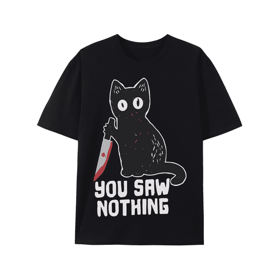 Men's Funny Cat T-shirt you saw nothing cat with bloody knife Halloween tee