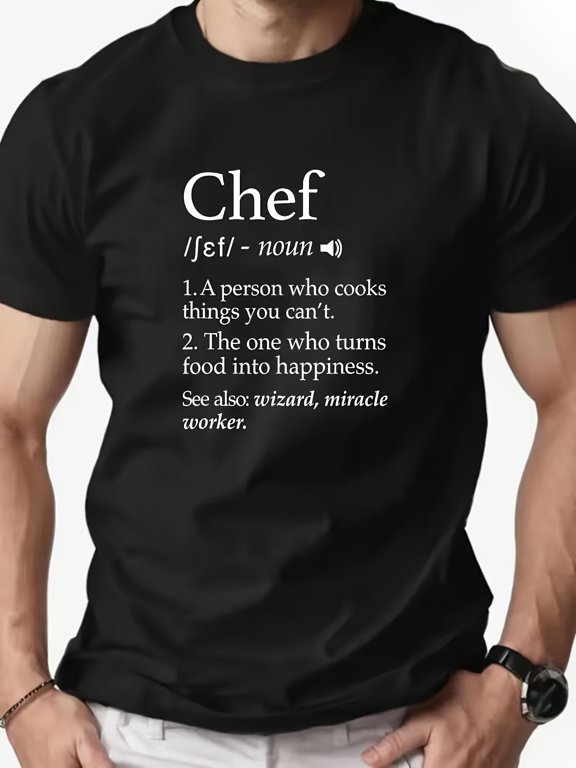 Men's Funny Chef Definition Graphic T-Shirt - Humorous Cooking Slang Print with Phonetic Pronunciation Guide, Casual Round Neck Short Sleeve Tee for Chefs & Culinary Enthusiasts (Machine Washable)