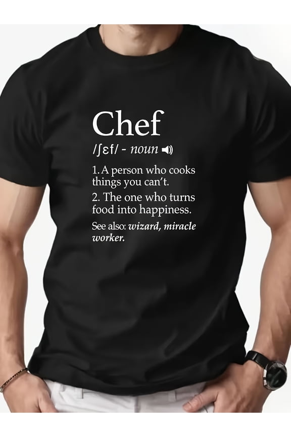 Men's Funny Chef Definition Graphic T-Shirt - Humorous Cooking Slang Print with Phonetic Pronunciation Guide, Casual Round Neck Short Sleeve Tee for Chefs & Culinary Enthusiasts (Machine Washable)