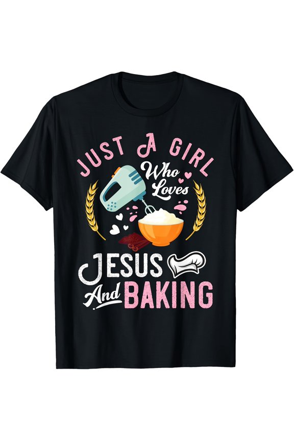 Men's Funny Christian "Just a Girl Who Loves Jesus & Baking" Graphic T-Shirt - Black with Pink & Golden Lettering, Loose Fit Retro Tee for Faith & Bakers, Casual Comfort Shirt Size S