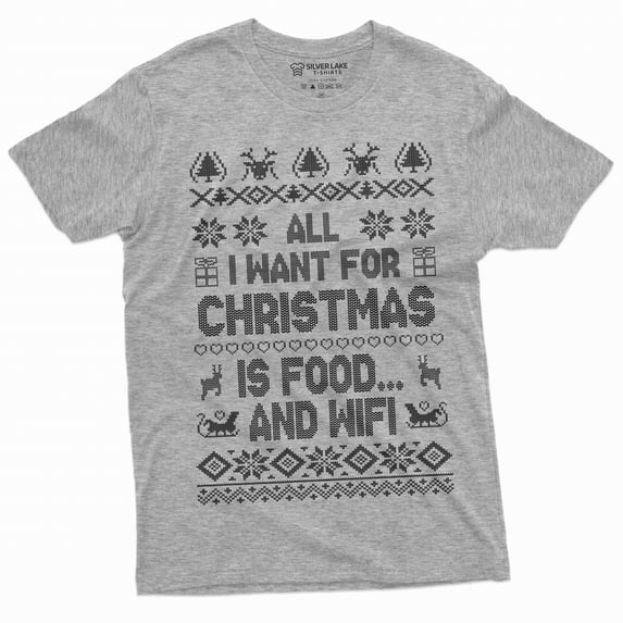 Men's Funny Christmas Food and WIFI T-shirt Christmas gift humorous saying tee shirt (3X-Large Grey)