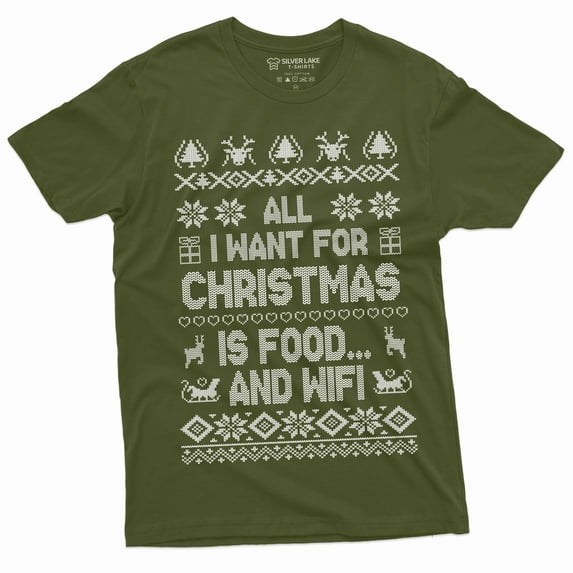 Men's Funny Christmas Food and WIFI T-shirt Christmas gift humorous saying tee shirt (3X-Large Military Green)