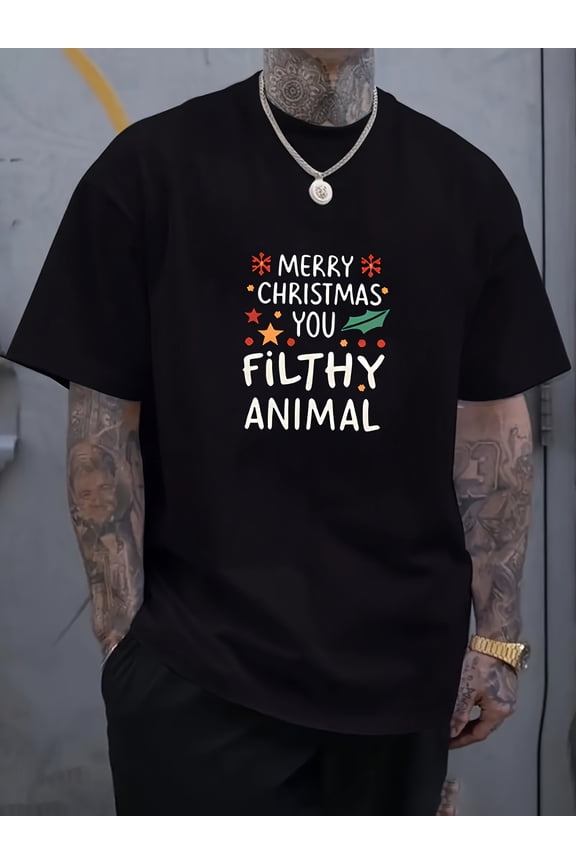 Men's Funny Christmas T-Shirt with "Merry Christmas You Filthy Animal" Saying & Dirty Santa Design - Casual Round Neck Short Sleeve Polyester Tee for Summer, Holiday Parties & Casual Attire
