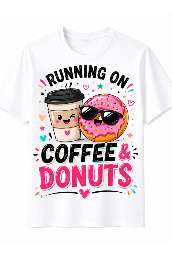 Men's Funny Coffee and Donuts Graphic T-Shirt, Cute Food Lover Cartoon Print, Casual Crew Neck Short Sleeve Tee