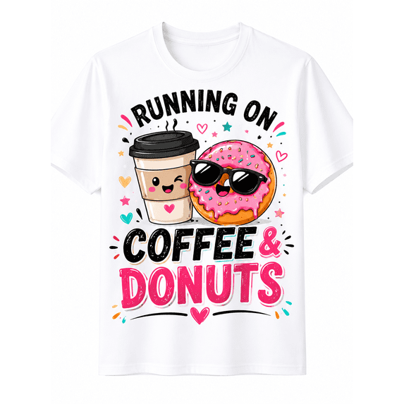 Men's Funny Coffee and Donuts Graphic T-Shirt, Cute Food Lover Cartoon Print, Casual Crew Neck Short Sleeve Tee
