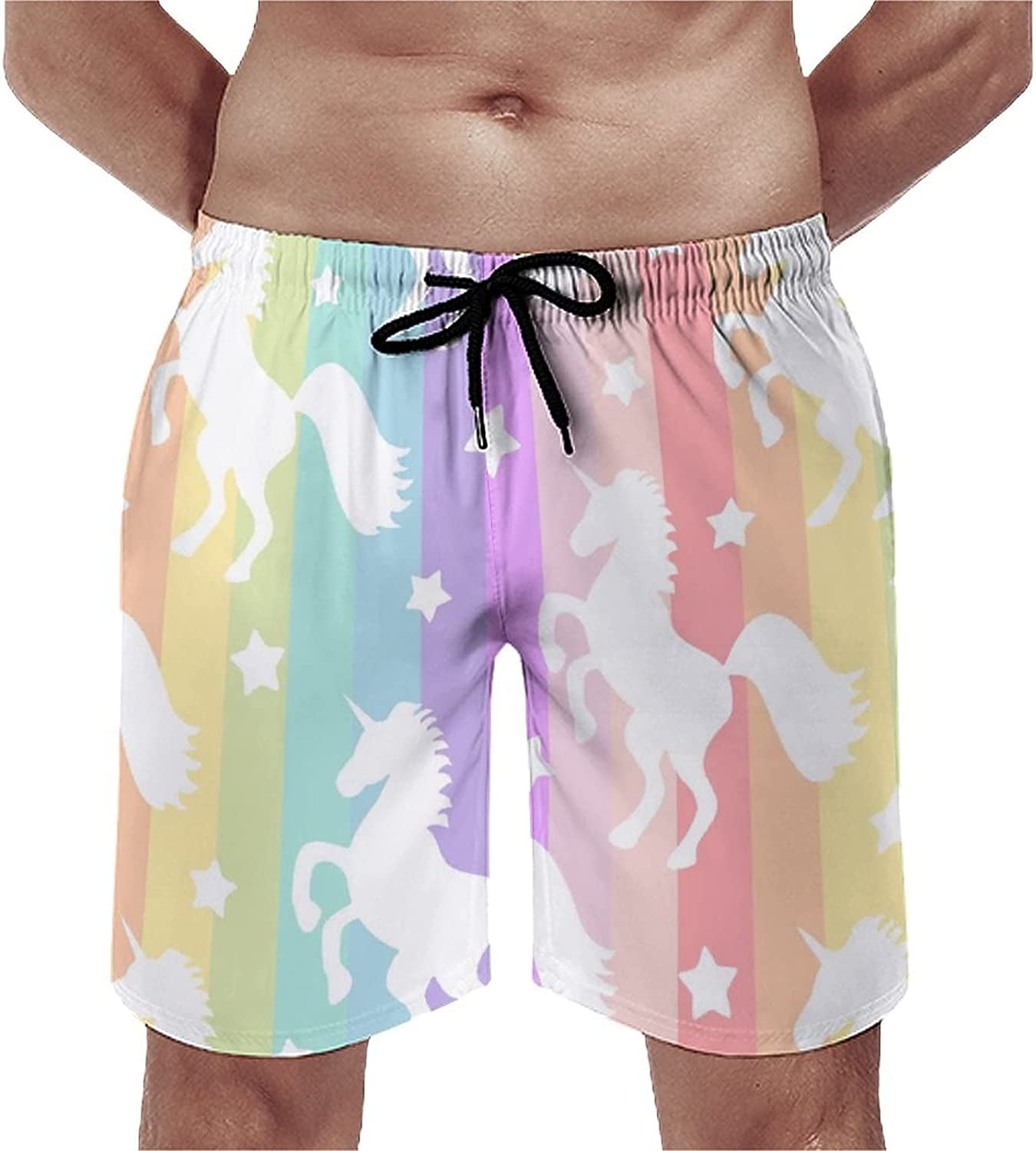 Men s Funny Cute Unicorn Rainbow Swim Trunks Quick Dry Swim Shorts Bathing Suit Beach Swim Board Shorts with Pockets S 3XL