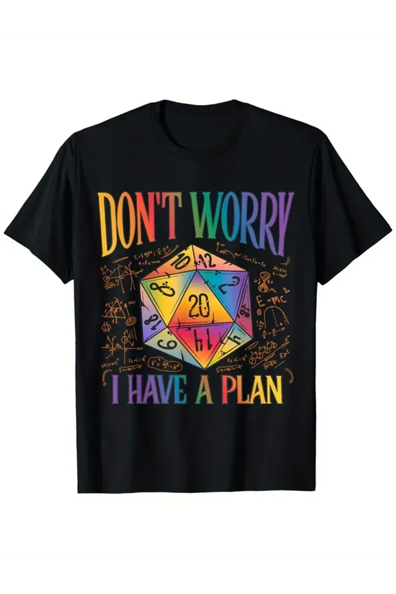 Men's Funny D&D RPG T-Shirt - Don't Worry I Have a Plan d20 Dice & Dungeons & Dragons Graphic, Black Crew Neck Short Sleeve Casual Gamer Tee for Tabletop Gaming, Hiking