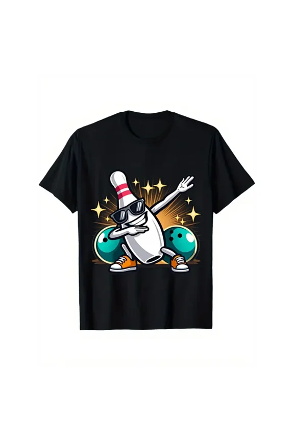 Men's Funny Dabbing Bowling Graphic T-Shirt Short Sleeve Crew Neck, Strike & Spare Theme