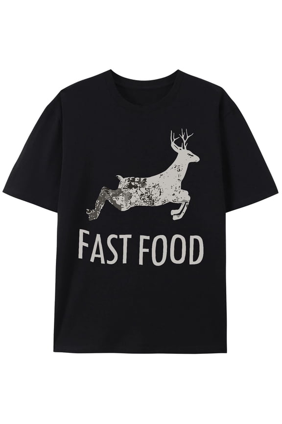 Men's Funny Deer Fast Food Graphic T-Shirt, Short Sleeve Hunting Humor Tee, Black