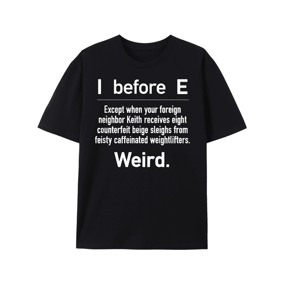 Men's Funny English Teacher Graphic Cotton T-Shirt - "I Before E" Humorous Print, Casual Crew Neck Short Sleeve Shirt for Outdoor Activities, Back to School, or Casual Attire, Teacher T Shirt
