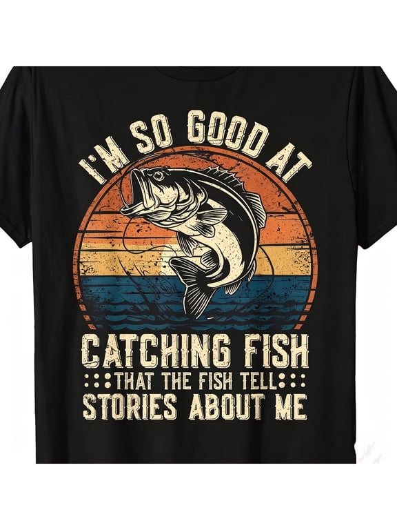 Men’s Funny Fisherman Bass Fishing Jokes Fish Pattern Print Crew Neck Casual T-Shirt, Breathable Cotton Fashion Boutique Gift for Daily Wear