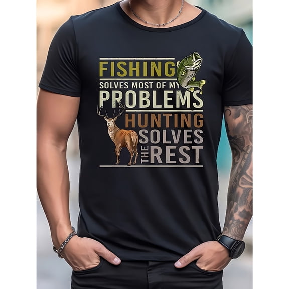Men's Funny Fishing & Hunting Slogan T-Shirt - "Fishing Solves Most Problems, Hunting Solves the Rest" with Fish & Deer Graphic - 100% Relaxed Fit Crew Neck Tee for Outdoor Enthusiasts, All-Season