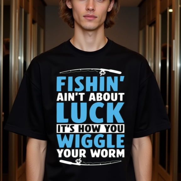 Men's Funny Fishing Saying T-Shirt - "Fishin Ain't About Luck, It's How You Wiggle Your Worm" - Heavyweight 100% Cotton Crew Neck Tee - Black Shirt for Fishing Trips, Camping, Gifts - All-Season Cas