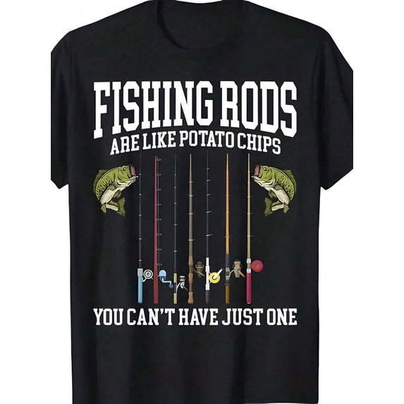 Men's Funny Fishing T-Shirt With "A Fishing Rod Is Like Potato Chips" Print 100% Cotton Casual Round Neck Short Sleeve Tee, Humorous Gift For Anglers