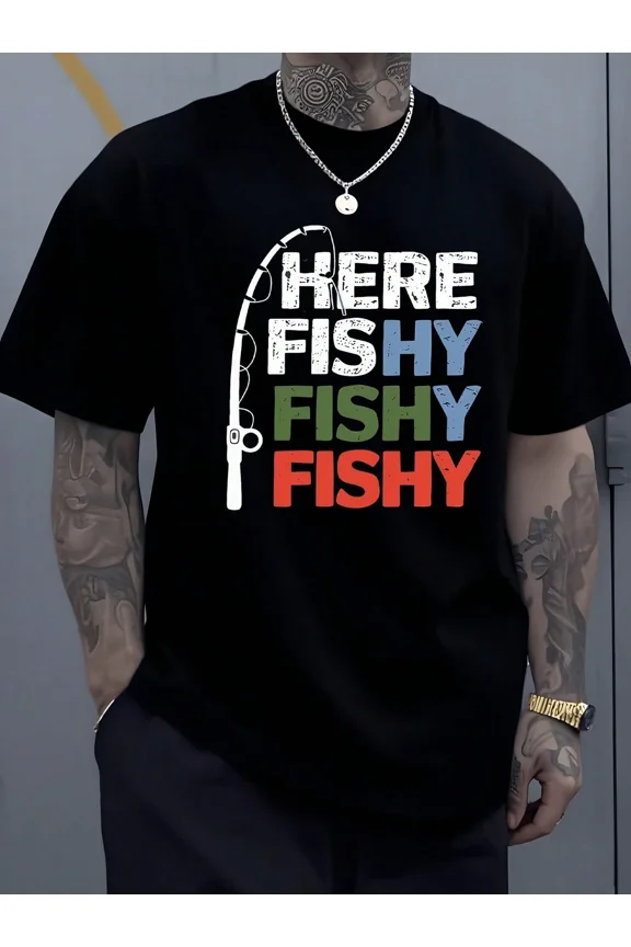 Men's Funny Fishing T-Shirt Here Fishy Fishy Fishy Graphic Tee Short Sleeve Crew Neck Casual Cotton Top
